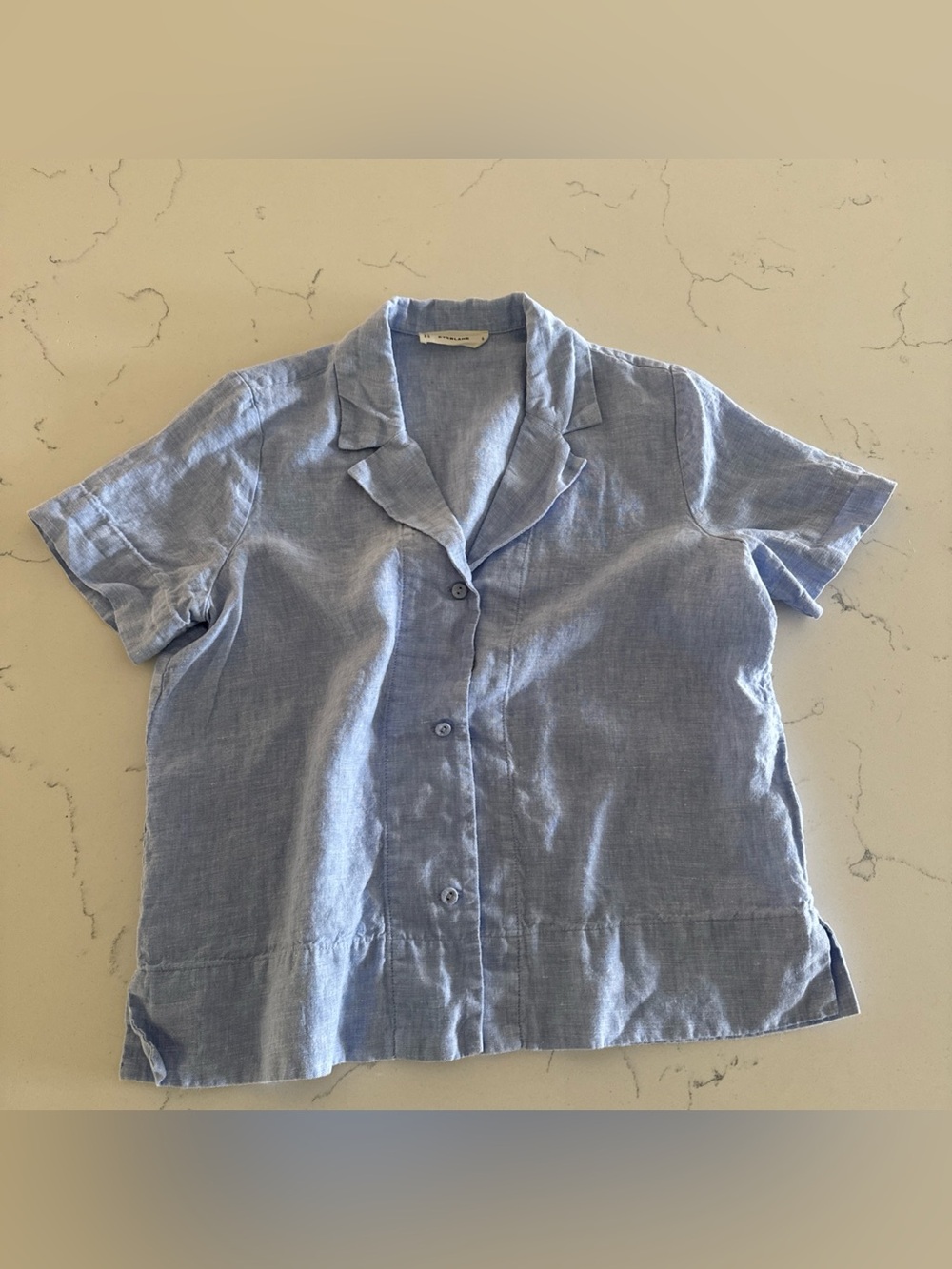 Everlane Blue Flax Linen V-Neck Button-Up Blouse Women’s Size Small Short Sleeve